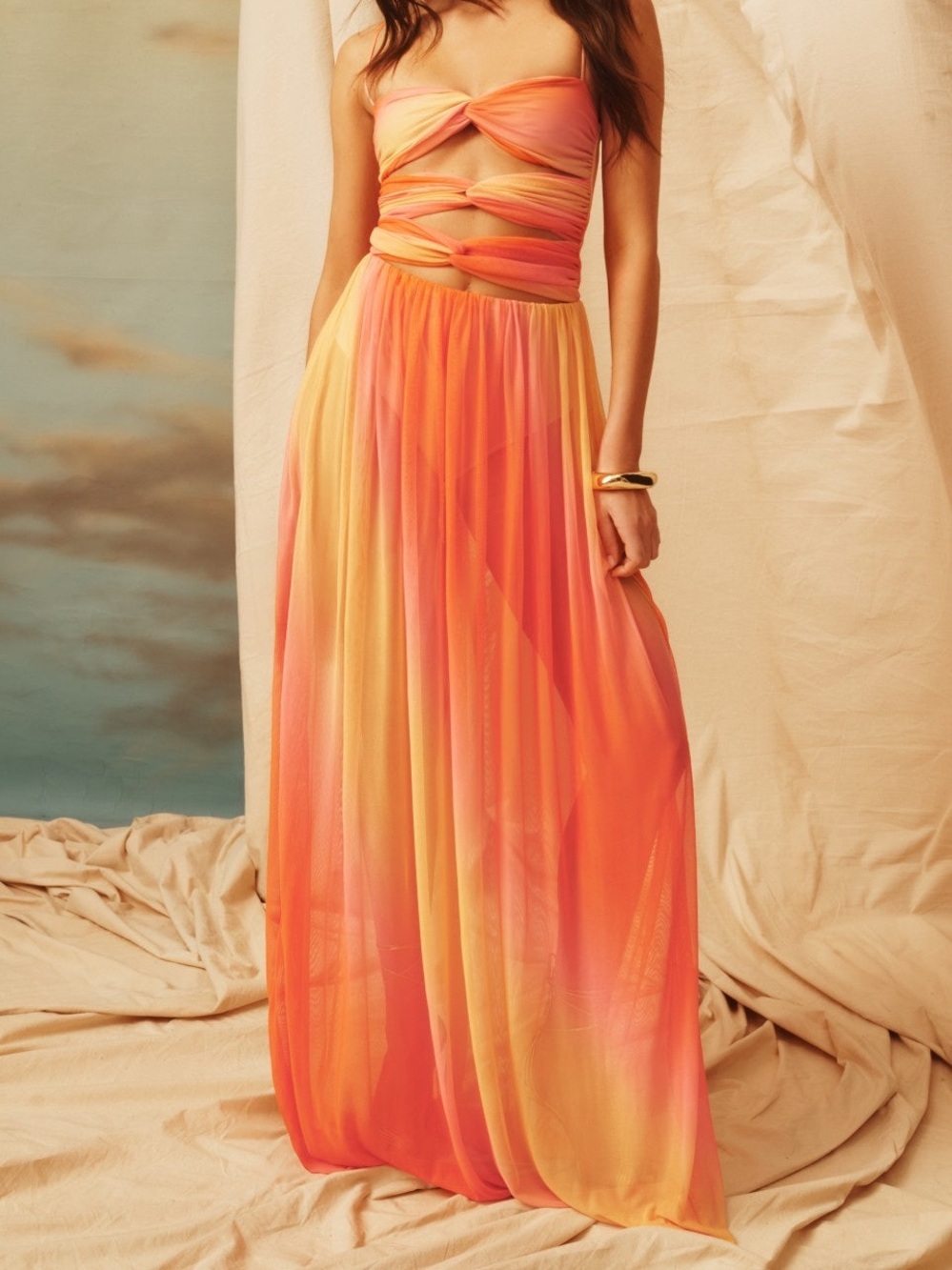 Agua Bendita x RTR Meeg Maxi Dress Sunset Ombre Cutout Mesh Gown XL Coastal